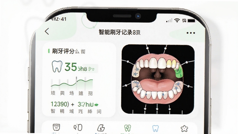 牙力给智能刷牙记录页面,手机界面显示刷牙评分和口腔区域分布图,背景为简洁的白色搭配浅绿色点缀,图表清晰,数据可视化,体现软件的实用性和专业性,画面干净清爽,适合功能说明配图