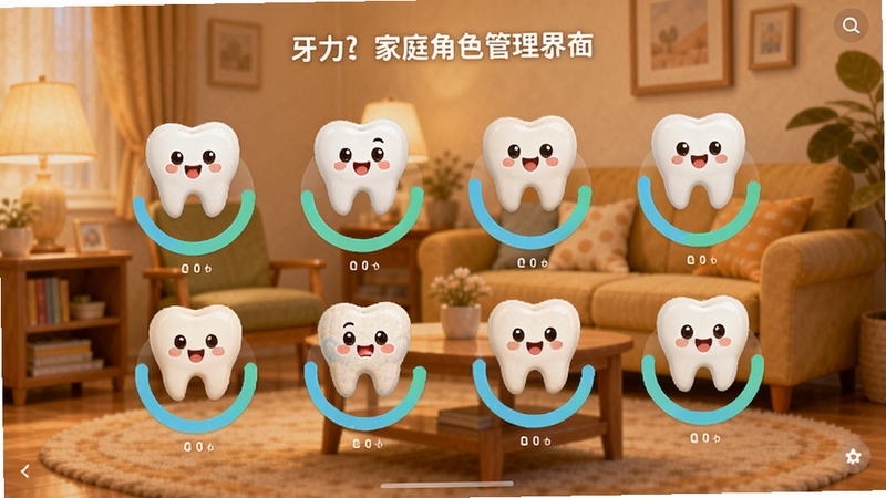 牙力给家庭多角色管理界面,展示多个卡通牙齿头像排列,每个头像下方有进度环,背景是温馨的家庭客厅场景,色彩温暖,界面友好,强调多人互动和亲子共用的特点,画面协调,适合作为家庭使用场景预览