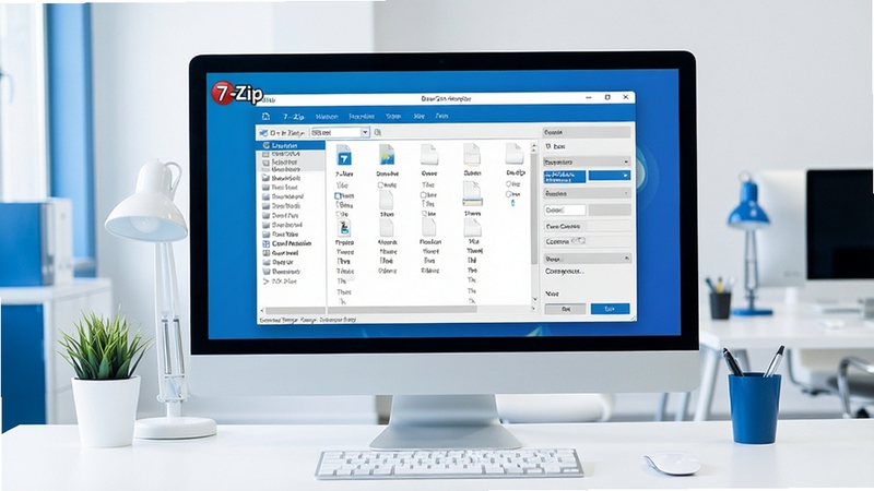 һ���ִ���Լ���ĵ���������д����Ļ������ʾ7-Zip���������棬����������չʾ�ļ��б���ѹ��ѡ�����Ϊ�ɾ�����İ칫����������ɫ��������Ϊ����ͻ��������רҵ���Ч��7-Zip logo �����ڽ������Ͻǣ����幹ͼ�������ʺ��������ܳ���