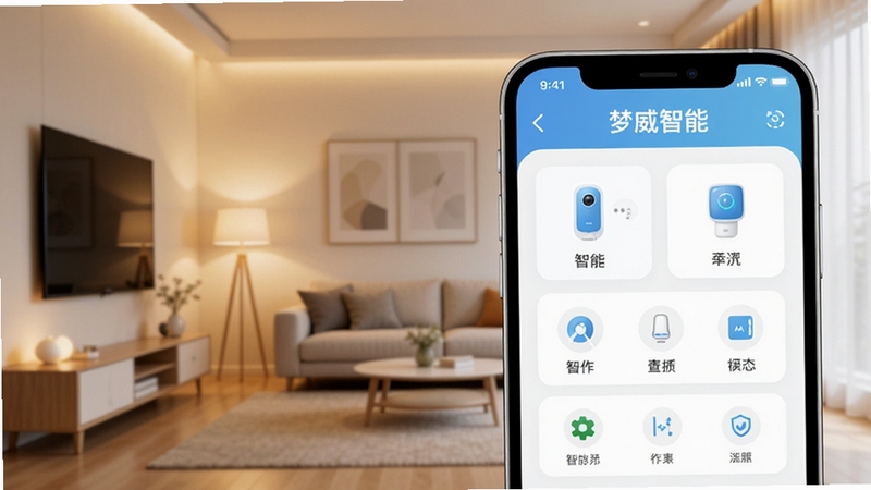梦威智能主界面预览图,手机屏幕中显示简洁的智能设备控制面板,背景为现代简约客厅环境,暖色调灯光,画面清晰,产品名称“梦威智能”出现在屏幕顶部,整体风格干净明亮,科技感与生活感融合