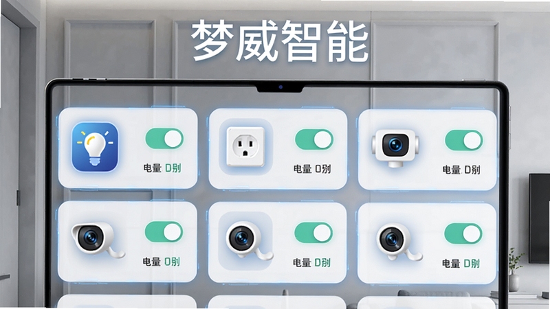 梦威智能设备管理功能预览图,界面展示多个智能设备卡片,包含灯泡、插座、摄像头图标,每个卡片有开关状态和电量显示,背景为浅灰色现代家居墙壁,整体界面清爽,科技感强,图片上方标注“梦威智能”字样