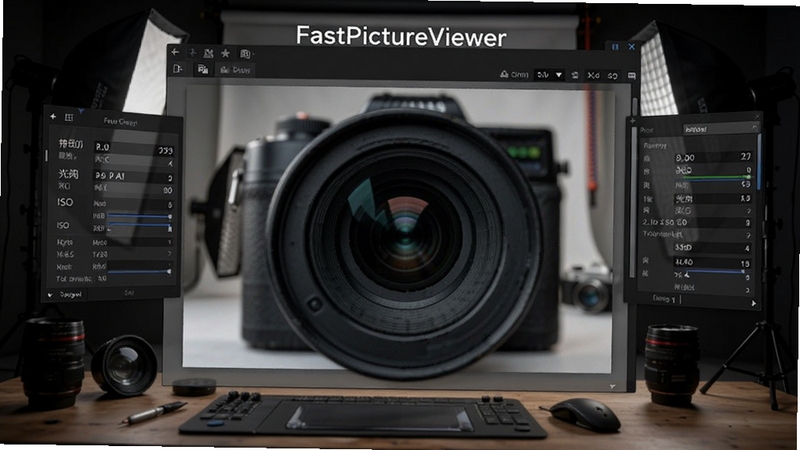 FastPictureViewer软件功能展示图,画面中央显示一张RAW格式照片的放大细节,周围有半透明的参数面板,展示快门、光圈、ISO等信息,背景为深色摄影棚环境,灯光柔和,突出软件名称FastPictureViewer,画面主体为图像与面板,背景为暗色调工作台,细节丰富,适配Boogu模型生成。