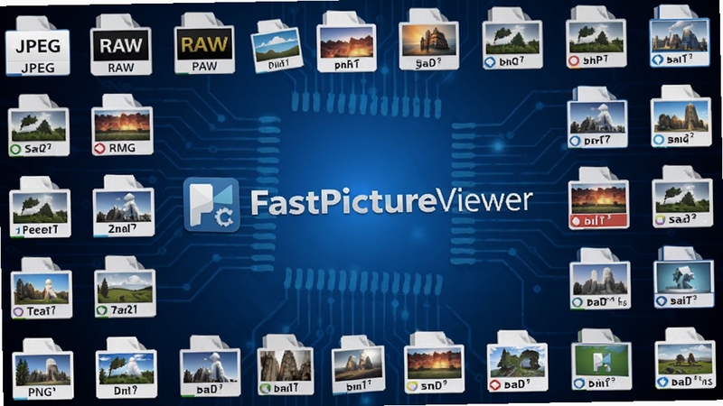 FastPictureViewer支持的图片格式图标墙,中央为软件Logo,四周环绕各种常见图片格式图标,包括JPEG、RAW、PNG等,背景为渐变蓝色科技感,画面主体为图标阵列,背景为深蓝色电路纹理,细节丰富,突出FastPictureViewer品牌,适配Boogu模型生成。
