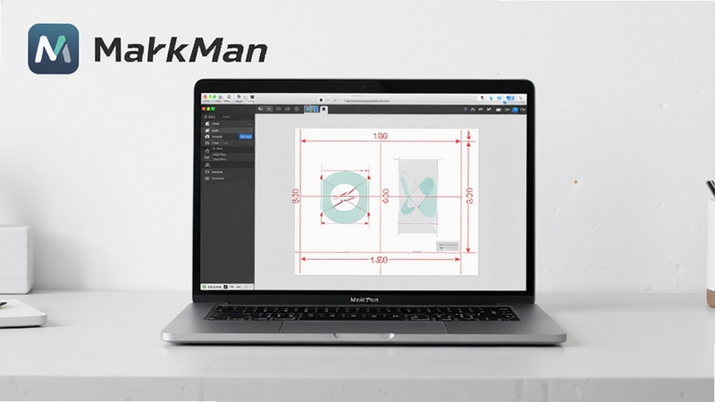 一张现代简约风格的数码产品展示图,画面中央是MacBook Pro,屏幕中显示MarkMan软件界面,界面中清晰可见设计稿上的红色测量标注线和尺寸数值,背景为干净的浅灰色工作台,整体光线明亮柔和,突出软件的专业与高效,画面中要有MarkMan的软件图标和名称,风格为扁平化设计,色彩清新,适合作为软件下载站的首图