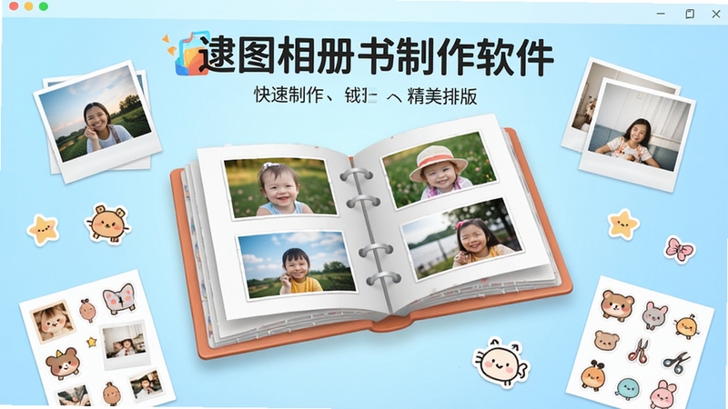 一张展示逮图相册书制作软件主界面的高清截图,界面中央有一本翻开的相册书三维模型,周围散落着各种照片和可爱贴纸素材,背景为淡蓝色渐变,整体风格明亮活泼,突出软件“快速制作、精美排版”的特点,画面中需包含“逮图相册书制作软件”的logo文字。