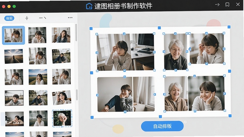 展示逮图相册书制作软件的智能排版功能界面,左侧是照片素材库,右侧是自动生成的相册页面预览,页面中有多张照片被自动摆放在不同版式上,照片边缘有蓝色调整框,界面色彩清新,高亮显示“自动排版”按钮,整体风格简洁专业,画面中需出现“逮图相册书制作软件”的界面标题。