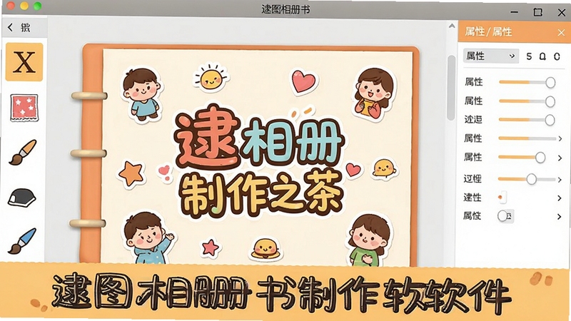 展示逮图相册书制作软件的编辑界面,画面中央是一张相册内页,上面有醒目的艺术字标题和卡通贴纸,左侧工具栏包含文字、贴纸、画笔等图标,右侧是属性调整面板,整体色彩温馨,界面布局清晰,需出现“逮图相册书制作软件”的软件名称。