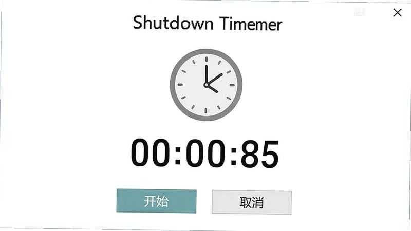 Shutdown Timer 定时关机软件主界面截图,显示简洁的白色背景,中央有设置关机时间的时钟图标和倒计时数字,下方有“开始”和“取消”按钮,整体风格干净清爽,突出软件名称Shutdown Timer