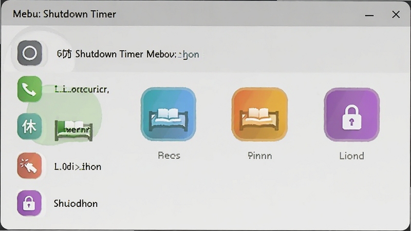 Shutdown Timer 操作类型菜单截图,显示关机、重启、休眠、注销、锁定等选项图标,每个图标用不同颜色区分,背景为浅灰色,突出Shutdown Timer的多功能操作列表
