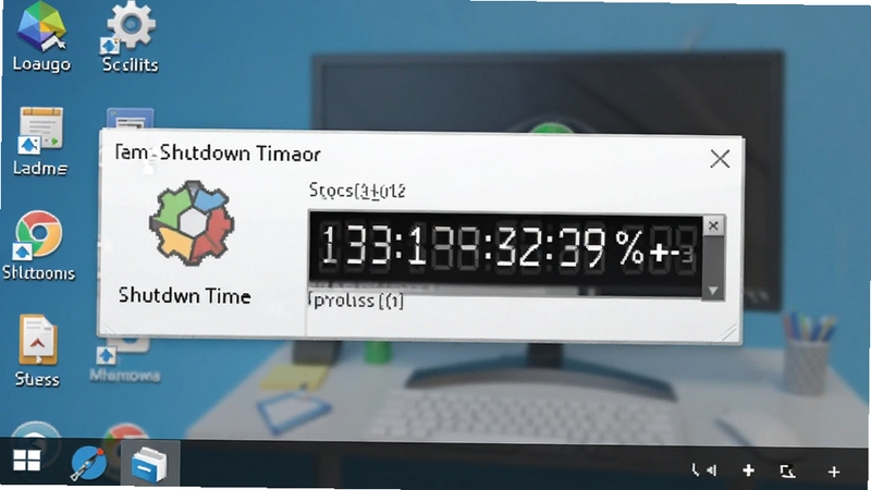 Shutdown Timer 托盘运行状态截图,显示系统托盘区域的软件图标,旁边有倒计时小窗口,背景为桌面壁纸,突出Shutdown Timer的便捷性