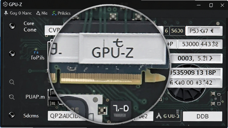 GPU-Z 软件界面放大展示显卡核心参数,包括核心代号与显存大小,背景为电路板纹理