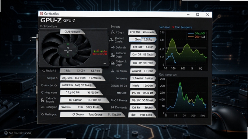 GPU-Z 主界面展示显卡详细参数与传感器监控面板,风格简洁专业,背景为深色科技感桌面