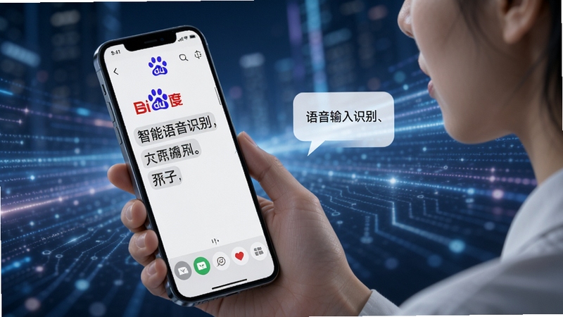 百度输入法语音输入功能演示,一个人对着手机说话,屏幕上快速出现识别文字,背景为科技感的光效,突出百度输入法的智能语音识别能力