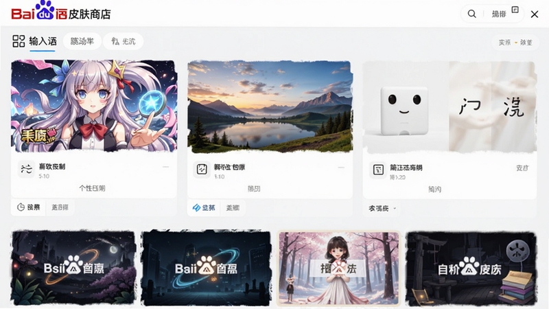 百度输入法皮肤商店界面,展示多款精美皮肤缩略图,风格各异,有动漫、风景、简约等,整体界面色彩丰富,突出个性化定制功能