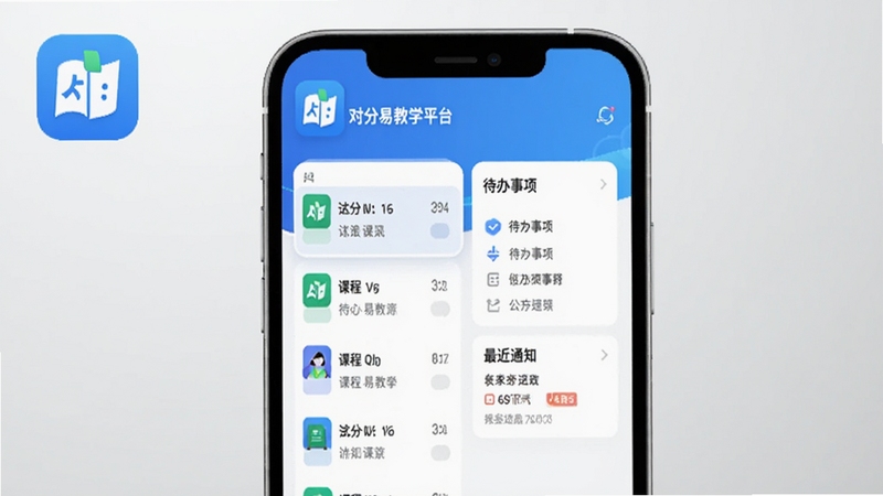 对分易教学平台主界面预览图,展示应用首页的课程列表、待办事项和最近通知卡片,整体风格清新简约,以蓝色和白色为主色调,界面布局清晰,右侧有手机边框效果,背景为浅灰色渐变,突出软件名称对分易教学平台,画面中心是手机屏幕,左上角显示应用图标,整体呈现现代科技感,适合软件下载站首图展示