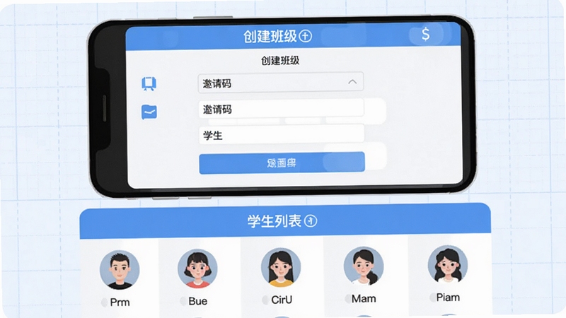 对分易教学平台班级管理功能示意图,展示手机端创建班级、邀请码界面以及学生列表,画面分为上下两部分,上方是创建班级表单,下方是带有头像和姓名的学生列表,整体风格扁平化,使用蓝白配色,图标清晰,突出软件名称对分易教学平台,背景为淡蓝色网格,适合功能说明配图