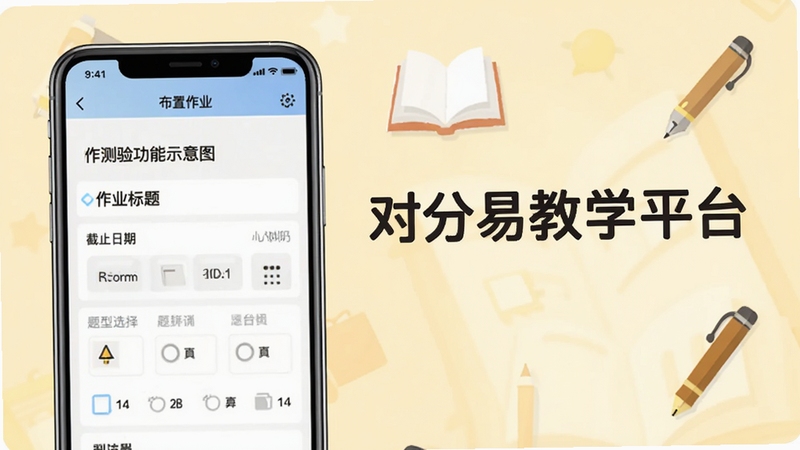 对分易教学平台作业测验功能示意图,展示手机端布置作业的界面,包含作业标题、截止日期、题型选择区域,背景为淡黄色,带有书本和笔的图标元素,整体风格简洁,突出软件名称对分易教学平台,画面构图清晰,适合教程讲解配图