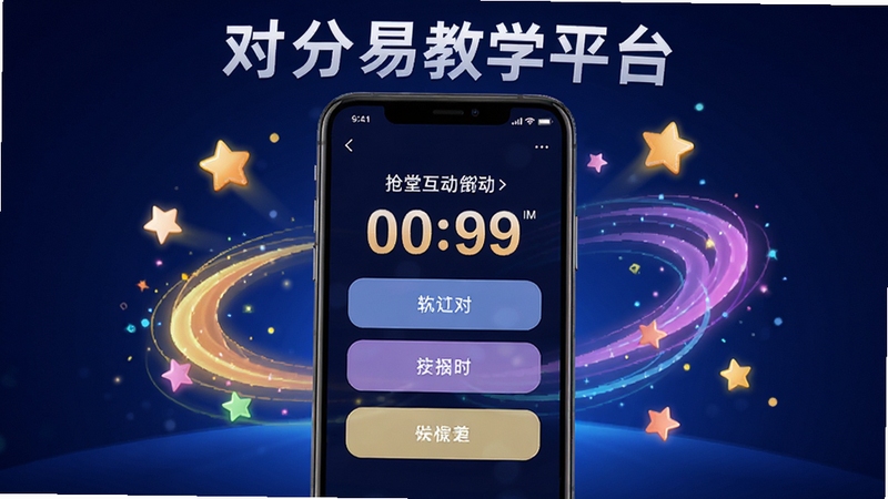 对分易教学平台课堂互动功能展示图,画面中央是手机屏幕,屏幕上显示抢答倒计时和选项按钮,周围有彩色光效和星星图标,背景为深蓝色渐变,突出科技感和趣味性,同时显示软件名称对分易教学平台,整体设计动感十足,适合功能亮点展示