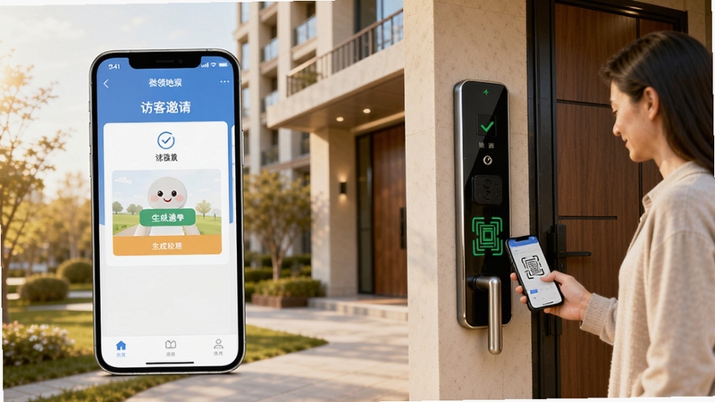 微领地智能门禁功能示意图,画面左侧为手机App操作界面,显示“访客邀请”生成页面,右侧为小区单元门禁设备,一名住户正用手机扫码开门,整体色调温馨明亮,背景为现代住宅楼入口