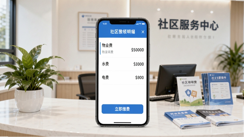 微领地物业缴费功能场景图,手机屏幕展示缴费明细列表,包含“物业费”、“水费”、“电费”等条目,点击“立即缴费”按钮,背景为干净整洁的社区服务中心,桌上有绿植和宣传册,整体氛围专业可信