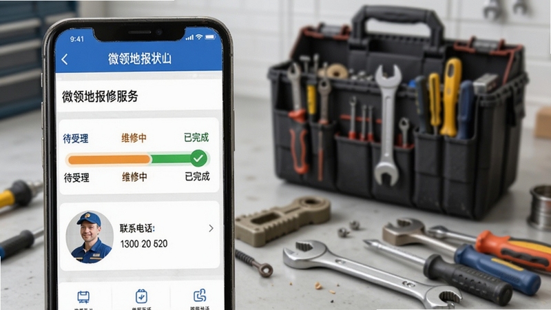 微领地报修服务界面预览图,手机显示工单详情,包含“待受理”、“维修中”、“已完成”状态进度条,下方有维修人员头像和联系电话,背景为工具包和维修工具,画面写实,强调高效服务