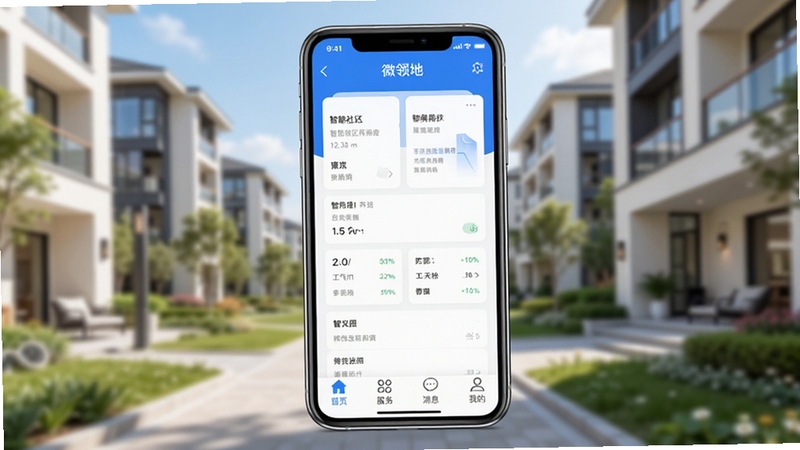 微领地app主界面展示图,画面中央显示手机屏幕截图,界面风格简洁清新,以蓝白为主色调,下方设有“首页”、“服务”、“消息”、“我的”四个导航栏,背景为模糊的现代小区环境,光线明亮,突出智慧社区生活氛围