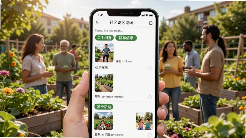 微领地邻里社交功能展示,手机屏幕显示社区论坛帖子列表,有“二手闲置”、“拼车信息”、“亲子活动”等标签,背景为社区花园里人们交流的场景,阳光明媚,氛围和谐
