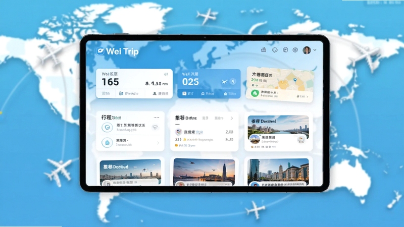 Wei Trip 旅行预订软件主界面预览图,展示首页机票酒店预订入口、行程卡片与推荐目的地,背景为世界地图与飞机航线,整体风格清新明亮,界面简洁现代,突出软件名称Wei Trip,画面主体居中,背景虚化处理,适配Boogu模型生成