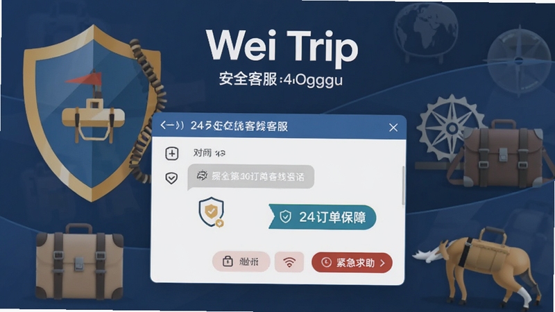 Wei Trip 安全客服界面示意图,展示24小时在线客服对话窗口、订单保障标识、紧急求助按钮,背景为盾牌与旅行元素,画面简洁明了,突出软件名称Wei Trip,风格稳重,适配Boogu模型生成