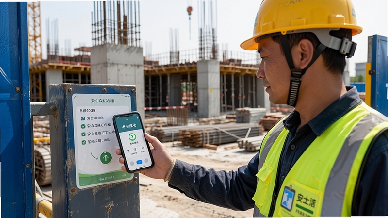一位建筑工人手持手机在工地入口处进行打卡操作,手机屏幕显示打卡成功界面和当前时间,背景是钢筋水泥的施工现场,工人穿着反光背心和安全帽,画面真实自然,重点展示安心工地记工记账的定位打卡功能,光线充足,构图稳定,突出考勤记录的便捷性