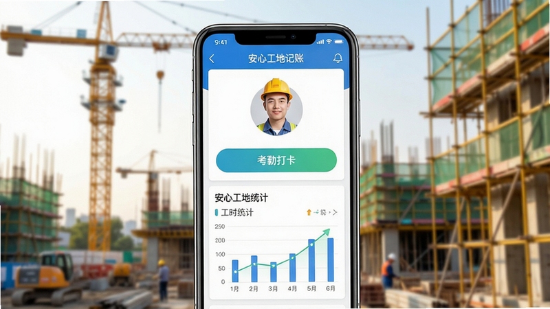 一张手机屏幕特写,屏幕中清晰显示安心工地记工记账的主界面,界面上有工人头像、考勤打卡按钮和工时统计图表,背景是模糊的繁忙建筑工地现场,塔吊和脚手架隐约可见,光影自然,画面写实,突出软件在工地场景中的实用性,整体色调明亮,构图居中,设备为最新款智能手机,屏幕占比高,细节丰富,适合作为软件功能预览图