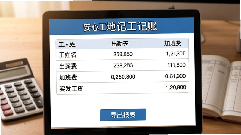 一张安心工地记工记账的工资结算页面截图,屏幕上显示工人姓名、出勤天数、日薪、加班费和实发工资,下方有导出报表按钮,背景是模糊的办公桌,有计算器和账本,画面色调温暖,重点展示自动计算功能,字体清晰,布局合理,适合作为功能演示图