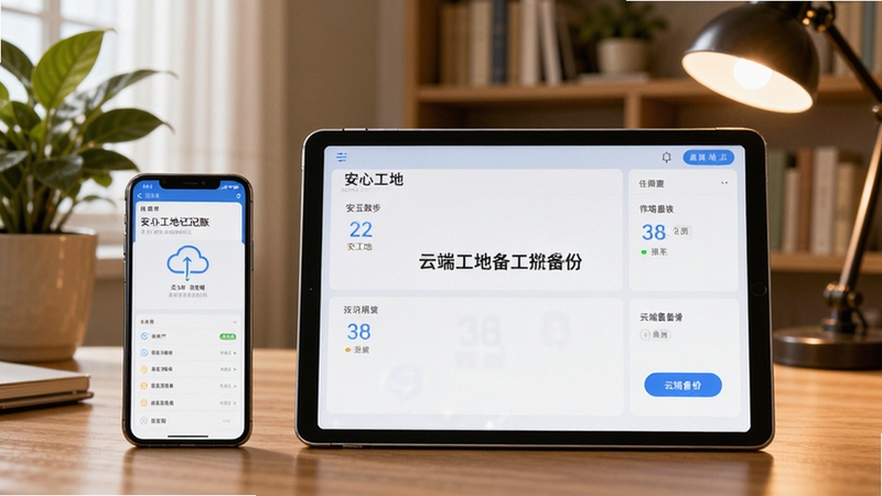 一部手机和一台平板电脑并排摆放,屏幕上都显示安心工地记工记账的数据备份界面,背景是家庭书房环境,有绿植和台灯,画面温馨,突出多设备同步与云端备份的功能特点,构图平稳,科技感与生活感结合,适合作为数据安全展示图