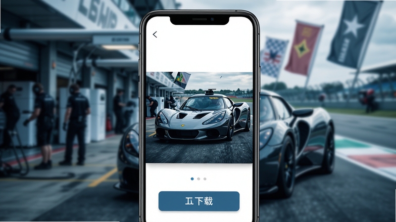 莲花跑车App壁纸下载页面,画面主体是手机屏幕中展示的一张莲花跑车赛道驰骋的高清壁纸,背景是模糊的维修区与旗帜,界面布局简洁,壁纸预览图占据屏幕中央,下方有下载按钮,色调偏冷,质感细腻。