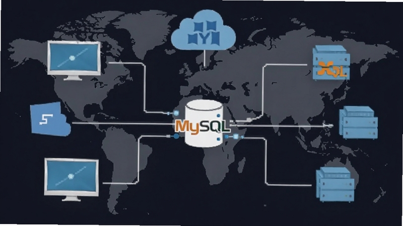 MySQL跨平台示意图,展示多个操作系统设备连接同一数据库,背景为世界地图和云服务器,包含MySQL标志,画面简洁直观