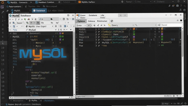 MySQL数据库管理系统界面截图,展示数据库连接列表和查询窗口,背景为深色代码编辑器风格,突出MySQL标志和表格数据,整体画面清晰现代,适合软件介绍场景