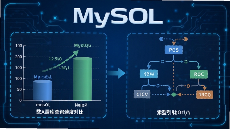 MySQL性能优化示意图,展示数据库查询速度对比图表和索引结构,背景为蓝色科技感界面,包含MySQL字样,图形简洁明了