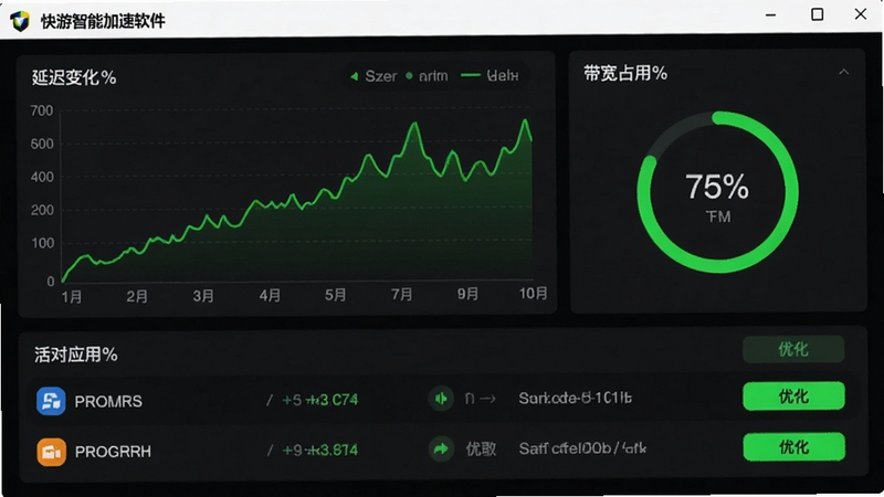 快游智能加速软件的实时网络监控仪表盘界面,画面左侧是动态的折线图展示延迟变化,右侧是圆形百分比图显示带宽占用率,下方列出当前活跃的应用程序列表并带有优化按钮,界面配色深色背景搭配鲜艳的荧光绿数据线,清晰直观