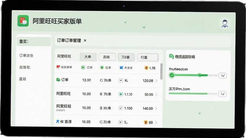 阿里旺旺买家版订单管理页面,展示订单列表和物流追踪进度条,背景采用淡绿色,图标清晰,整体布局整洁,适合Boogu模型生成