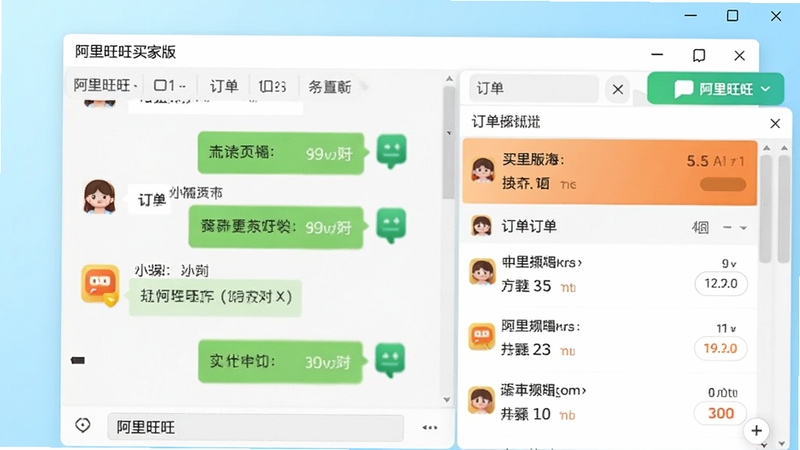 阿里旺旺买家版主界面预览图,展示聊天窗口与订单列表,背景采用清新的浅蓝色渐变,图标醒目,整体风格现代简洁,适配Boogu模型生成