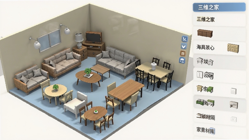 三维之家海量家具素材库展示图,画面中央为3D房间场景,地面上摆满了沙发、茶几、餐桌等各类家具模型图标,右侧列表分类清晰,整体风格明亮整洁,展示素材丰富性,背景为浅色墙体,突显模型细节
