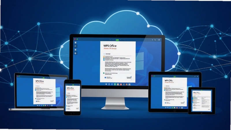 WPS Office �ƶ�Э������ʾ��ͼ������չʾ��̨�豸�����ԡ��ֻ���ƽ�壩ͨ���Ʒ���ͬ���ĵ�������Ϊ�����������������������ɫ��Ϊ��ɫϵ��ͻ������ͬ����Э���������ԡ�