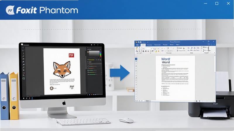 动态展示Foxit Phantom格式转换过程,屏幕左侧为PDF文档,右侧为转换出的Word文档窗口,中间有箭头连接,背景为现代办公桌,有文件夹和打印机,画面简洁明亮,包含Foxit Phantom软件名称,体现高效转换能力