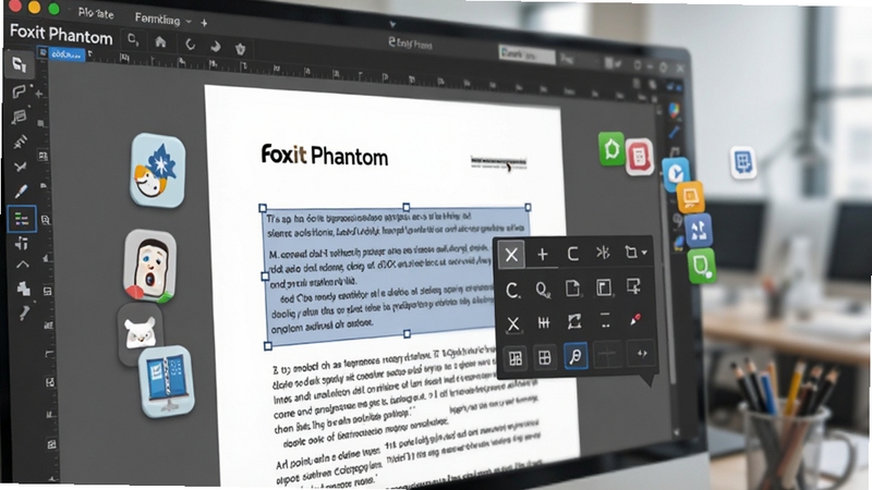 Foxit Phantom软件编辑界面特写,屏幕上显示正在编辑的PDF页面,有文字被选中并弹出格式调整工具栏,周围有浮动图标,背景是模糊的办公环境,突出软件编辑功能的便捷性,画面包含Foxit Phantom标识,色彩鲜明,细节清晰
