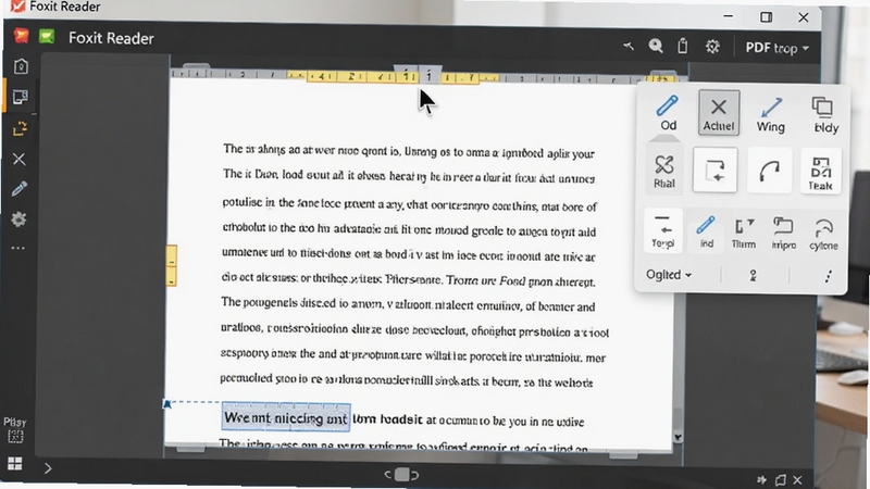 福昕阅读器(Foxit Reader)PDF编辑功能操作截图,显示光标正在修改文档中的文字,界面周围有浮动编辑工具栏,背景为模糊的办公环境,画面突出编辑功能的直观便捷。