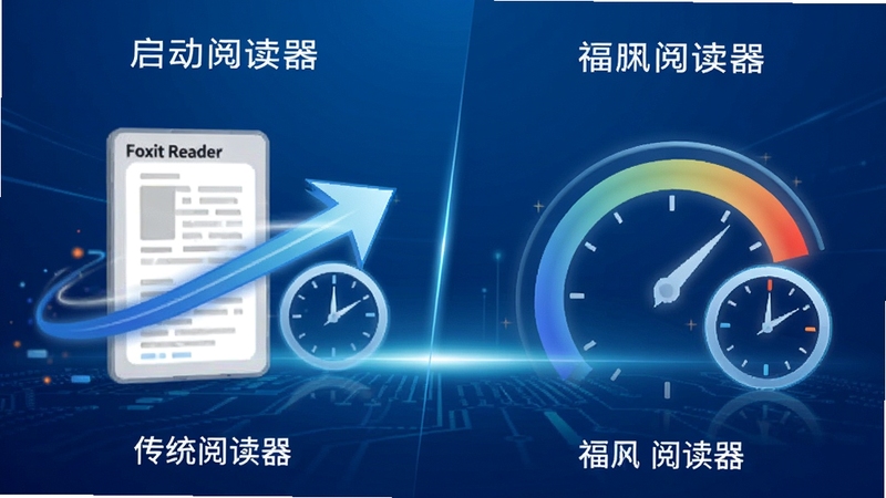 福昕阅读器(Foxit Reader)启动速度对比示意图,左侧为传统阅读器,右侧为福昕阅读器,以速度线条和时钟元素突出快速启动特点,背景为简洁的科技感渐变蓝色,画面动感十足。