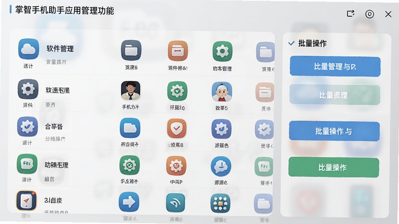 掌智手机助手应用管理功能界面,展示应用列表与批量操作按钮,图标整齐排列,背景采用浅灰色渐变,突出软件管理效率与资源丰富性。