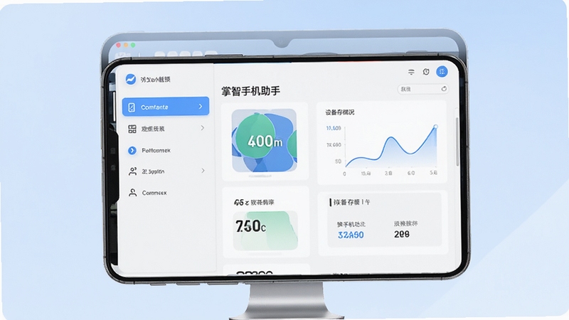 掌智手机助手主界面预览图,展示手机连接电脑后的管理面板,左侧功能列表清晰可见,右侧显示设备存储概况,背景为干净的浅蓝色渐变,整体风格现代简约,突出软件全貌与操作便捷性。