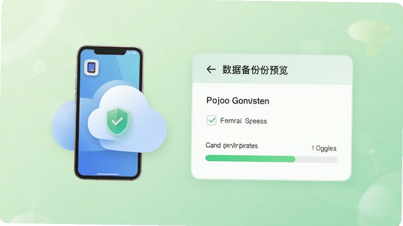 掌智手机助手数据备份功能预览,展示备份选项面板与进度指示,手机图标与云朵图标结合,背景柔和绿色,体现安全可靠。