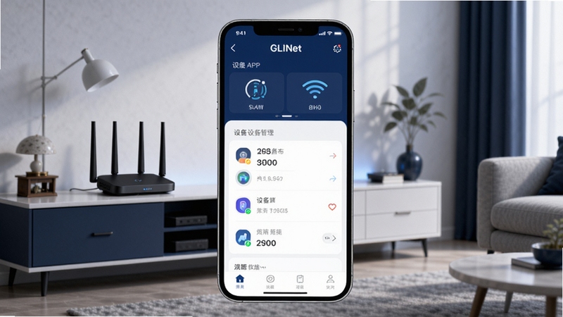 GLiNet路由器APP界面预览图,画面中央展示手机端APP的设备管理列表,背景为现代简约风格客厅,路由器放置在电视柜上,整体色调以深蓝与白色为主,突出科技感与整洁感,博古模型生成,高清渲染